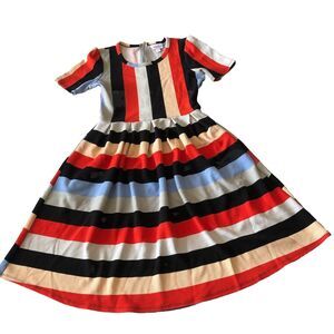 LulaRoe Women’s Amelia Rainbow Striped Dress Pleated  Fit Flare Size Small